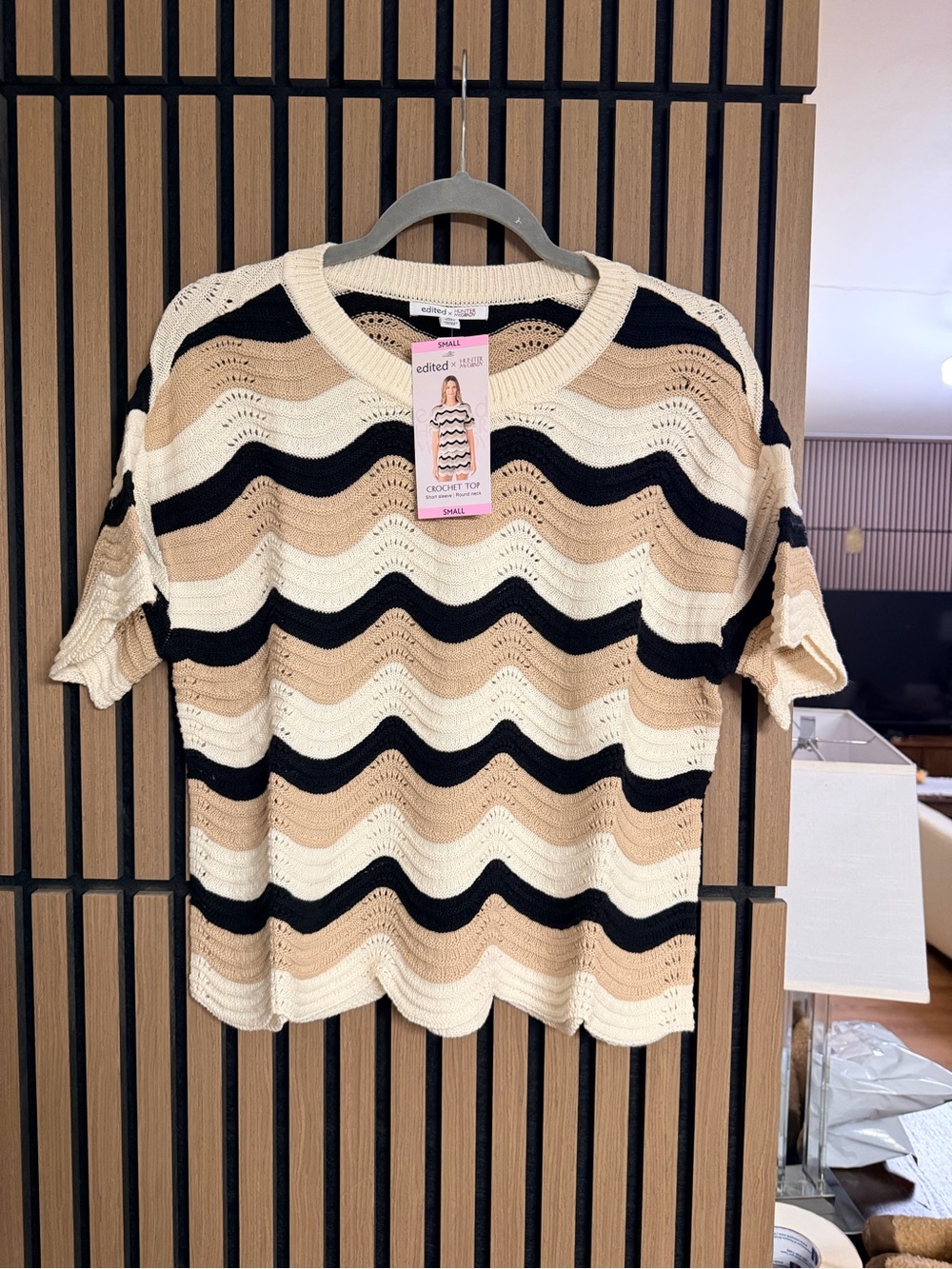 Edited Crochet Wave-Stripe Short-Sleeve Top in Black, Cream & Tan